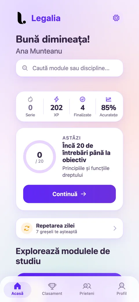 Ecranul principal Legalia: obiectivul zilei, seria și modulele de studiu