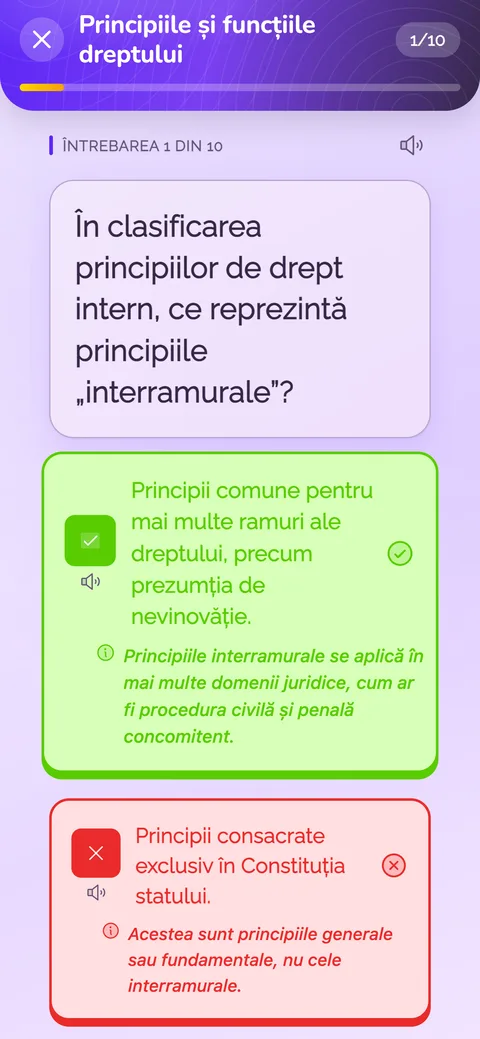 Ecranul Legalia cu un răspuns de test și explicația lui