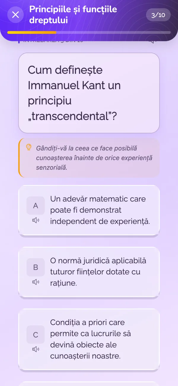 O întrebare de test în Legalia, cu indiciul deschis