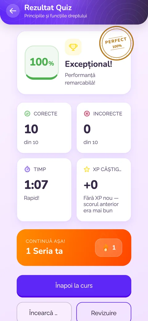 Rezultatul unui quiz în Legalia, cu sigiliul PERFECT 100%